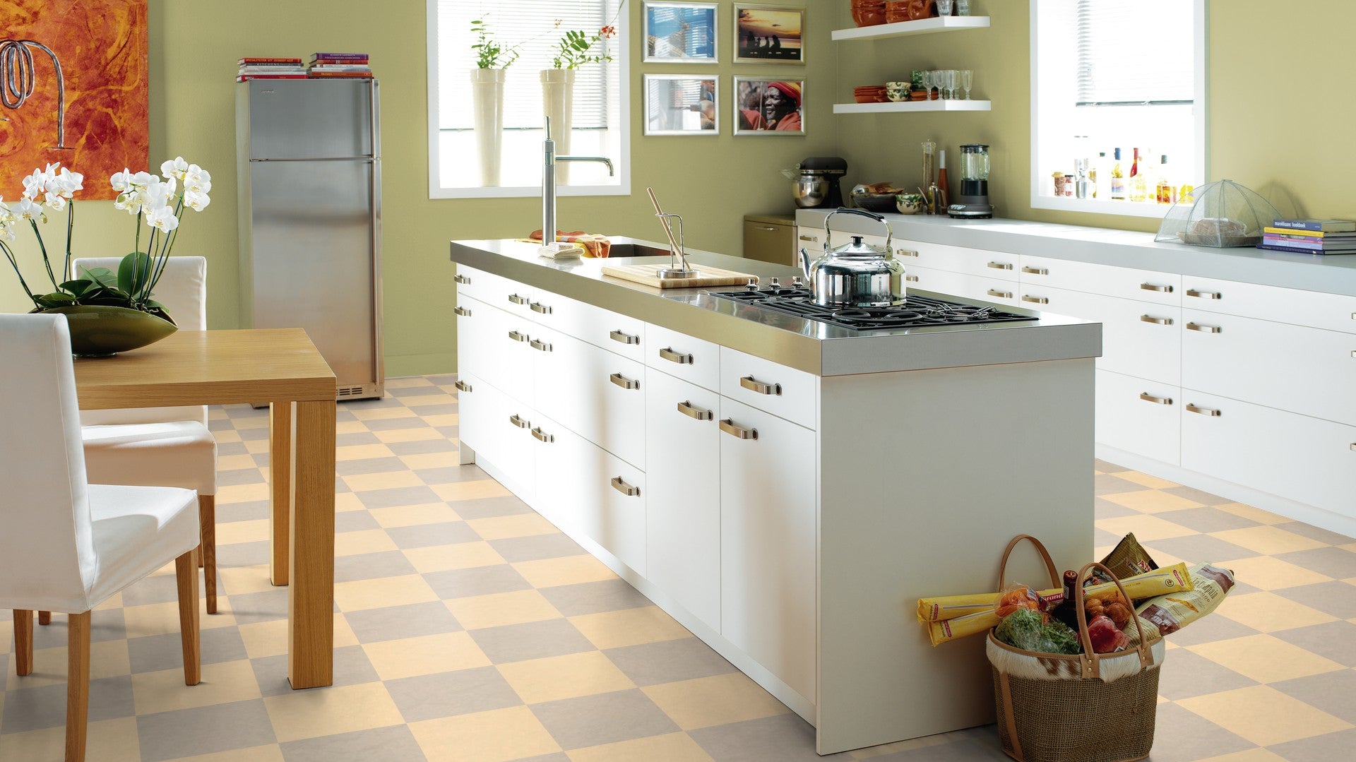 Barbados and Edelweiss Tile Squares decorate a kitchen in a checkerboard pattern